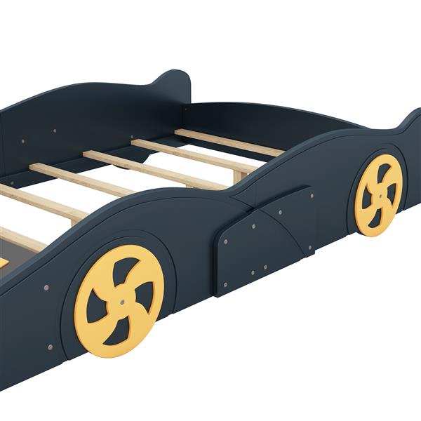 Full Size Race Car-Shaped Platform Bed with Wheels and Storage, Dark Blue+Yellow