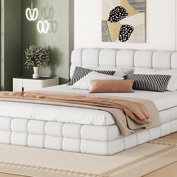 Queen Size Upholstered Platform Bed, White