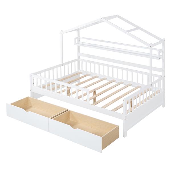 Wooden Full Size House Bed with 2 Drawers,Kids Bed with Storage Shelf, White