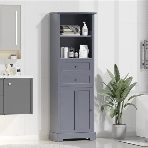 Bathroom Storage Cabinet, Tall Storage Cabinet with Two Drawers, Open Storage, Adjustable Shelf, Grey