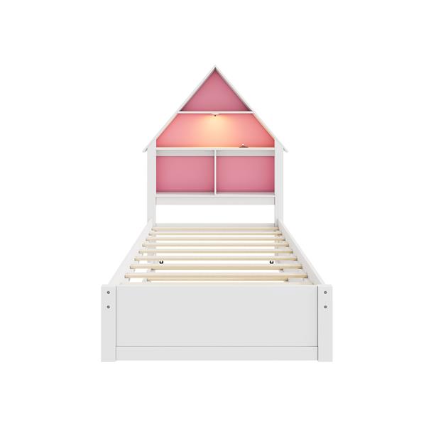 Twin Size House-Shaped Bed with Bookcase Headboard and Led Light and Twin Size Trundle for Kids Boys Girls, Pink+ White