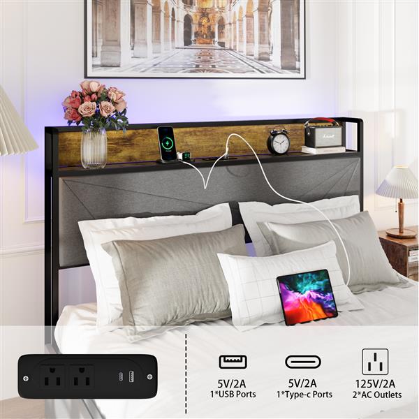 Queen Size Bed Frame with 4 Storage Drawers and 2 USB Ports, Upholstered Platform Bed Frame with Storage Headboard Charging Station and metal Slat Support, No Box Spring Needed, Dark Grey.