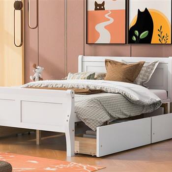 Full Size Wood Platform Bed with 4 Drawers and Streamlined Headboard & Footboard, White