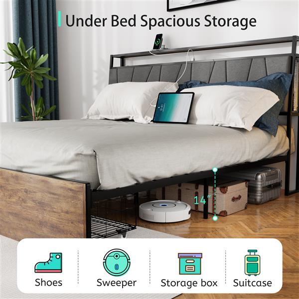 Full Bed Frame with Storage, Ergonomic Headboard,  Bed Frame with 2 Storage Drawers, Built in Charging Station & LED, Outlets & USB, Full Size, Noise Free, No Box Spring Needed, Rustic Brown