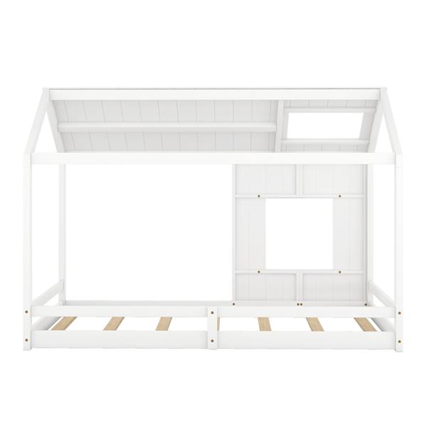 Twin Size House Bed with Roof and Window - White