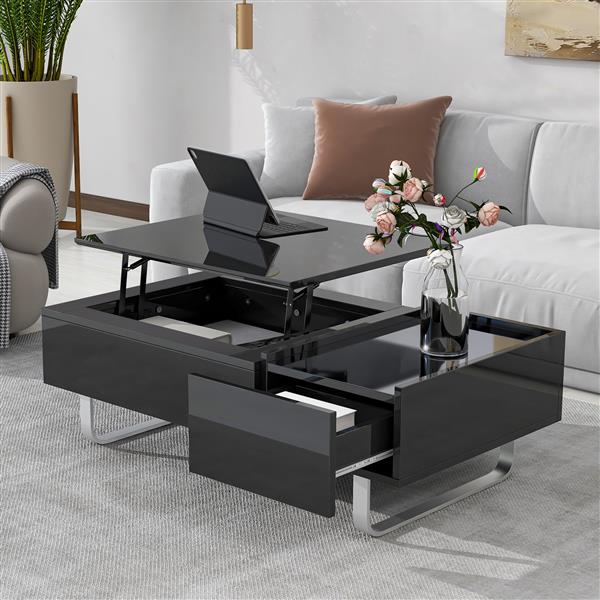 [VIDEO provided] Multi-functional Coffee Table with Lifted Tabletop, Contemporary Cocktail Table with Metal Frame Legs, High-gloss Surface Dining Table for Living Room, Black