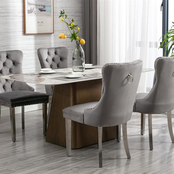 Furniture,Modern, High-end Tufted Solid Wood Contemporary Velvet Upholstered Dining Chair with Chrome Stainless Steel Plating Legs,Nailhead Trim,Set of 2,Gray and Chrome