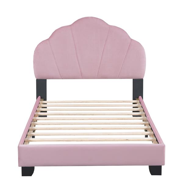 Twin Size Upholstered Velvet Platform Bed with Shell-Shaped Headboard, Pink