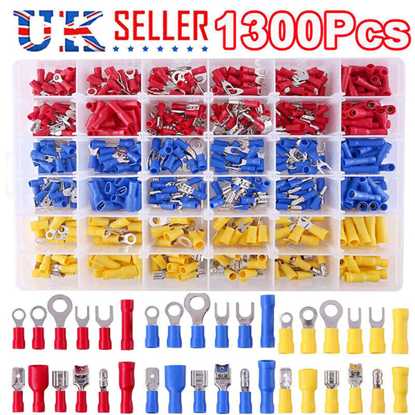 1300 ASSORTED INSULATED ELECTRICAL WIRE TERMINALS CRIMP CONNECTORS SPADE SET UK