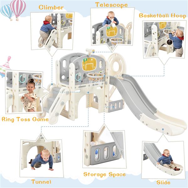 Kids Slide Playset Structure,  Castle Climbing Crawling Playhouse with Slide, Arch Tunnel, Ring Toss, and Basketball Hoop, Toy Storage Organizer for Toddlers, Kids Climbers Playground