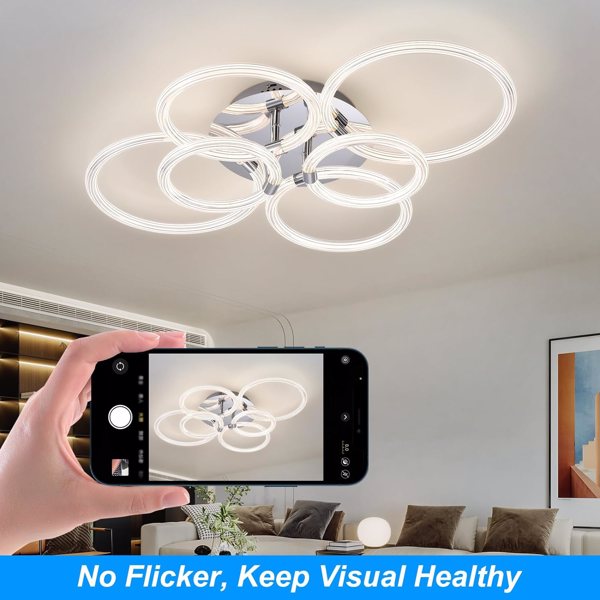 Modern LED, Flush Mount Ceiling Light with Dimmable Remote Control, 6Rings Acrylic Fixture for Bedroom, Living Room, Kitchen, Office Lamps (6 Heads)[Unable to ship on weekends, please note that]