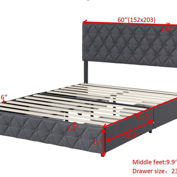 Queen Size Upholstered Platform Bed Frame with 4 Storage Drawers, Adjustable Linen Headboard, Wooden Slats Support, No Box Spring Needed, Easy Assembly,Grey