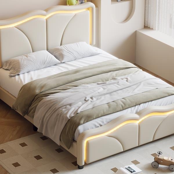 Full Size Upholstered Platform Bed with Curve Shaped and Height-adjustbale Headboard,LED Light Strips,White