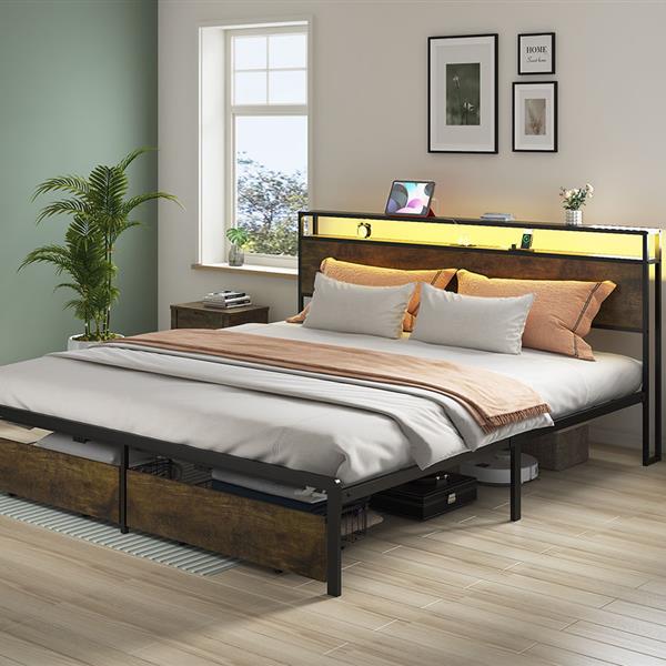 King Bed Frame with LED Lights and Charging Station - Robust Metal  Wood Construction, Rustic Wood Platform Bed Frame with 2 Drawers, No Box Spring Needed, Noise Free, Vintage Brown, Easy Assemble