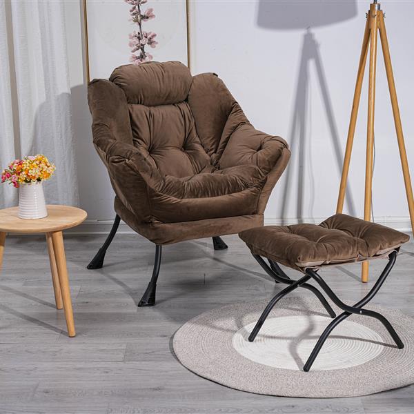 Living Room Chairs Modern Cotton Fabric Lazy Chair, Contemporary Lounge Chair, Single Steel Frame Leisure Sofa Chair with Armrests and A Side Pocket (Brown ),with ottoman ,with footrest