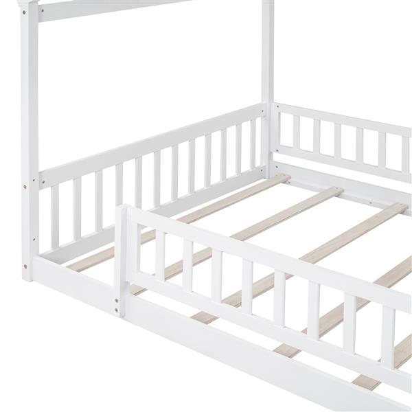 Full Size Wood Bed House Bed Frame with Fence, for Kids, Teens, Girls, Boys,White