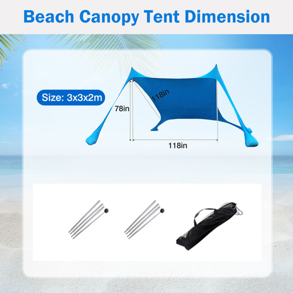 9.8x9.8FT Foldable Beach Canopy Tent Collapsible Shade Sail Sun Protection Windproof Shelter 4 Sandbag 2 Pole Portable Storage Bag Rectangle Blue（No shipments on weekends）