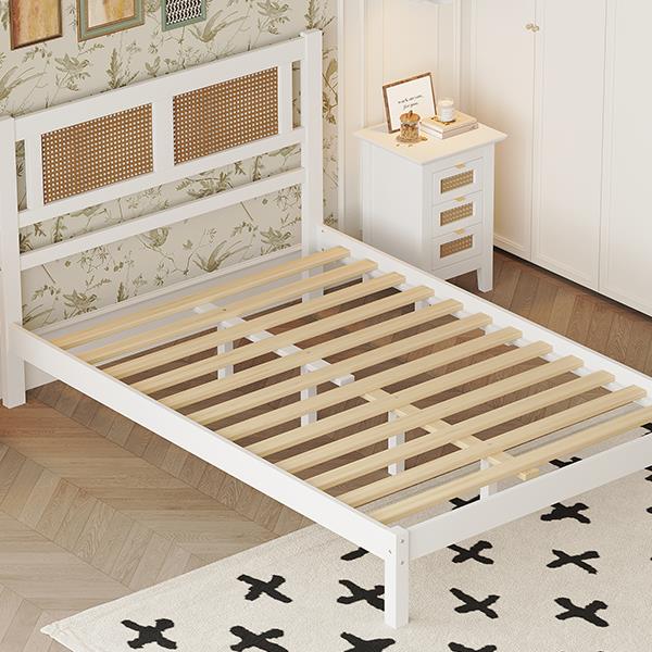 Full Size Wooden Platform Bed with Natural Rattan Headboard, Exquisite Elegance with Minimalist Charm for Bedroom, White