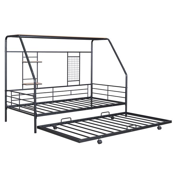 Twin Size Metal House Bed with Trundle, Black