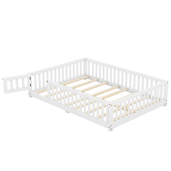 Full Size Bed Floor Bed with Safety Guardrails and Door for Kids, White