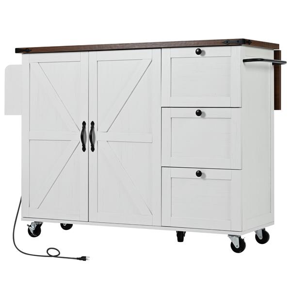 54.5" Farmhouse Kitchen Island with Power Outlet, Kitchen Storage Island  with Internal Storage Rack, Drop Leaf, Spice Rack, Rolling Kitchen Cart on Wheels, for Home, Kitchen and Dining Room,White