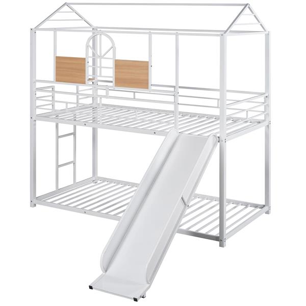 Twin Over Twin Metal Bunk Bed ,Metal Housebed With Slide,Three Colors Available.(White with White  Slide)