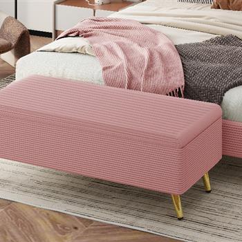 Modern Corduroy Upholstered Ottoman with Metal Legs, Storage Bench for Bedroom,Living Room,Pink