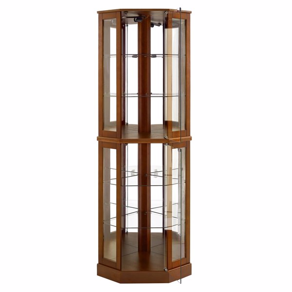 6 Shelf Corner Curio Display Cabinet with Lights, Mirrors and Adjustable Shelves, Walnut(E26 light bulb not included) 