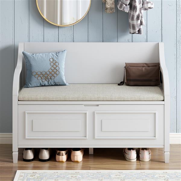 Rustic Style Solid wood Entryway Multifunctional Storage Bench with Safety Hinge (White+ Beige)