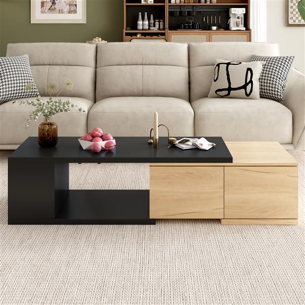 47.2''-57''W Extendable Coffee Table with 2 Storage Drawers, Dual-tone Wood Center Table with Extendable Sliding Tabletop, Multi-functional Hidden Storage Sofa Table for Living Room, Black