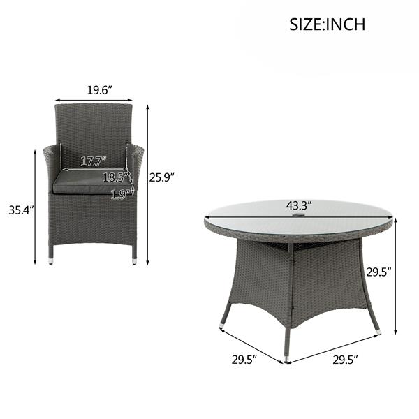 5 Piece Outdoor Dining Set All-Weather Wicker Patio Dining Table and Chairs with Cushions, Round Tempered Glass Tabletop with Umbrella Cutout for Patio Backyard Porch Garden Poolside(Gray-Gray)