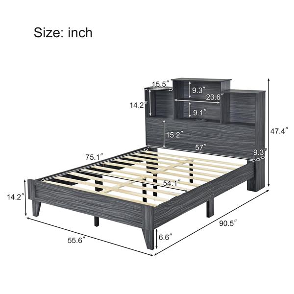 Full Size Storage Platform Bed Frame with 4 Open Storage Shelves and USB Charging Design,Gray