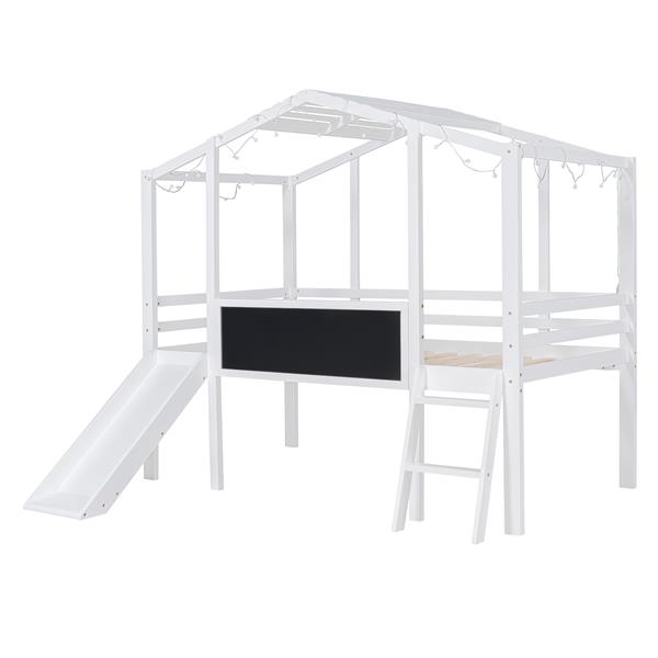 Twin Size Loft Bed with Ladder and Slide, House Bed with Blackboard and Light Strip on the Roof, White