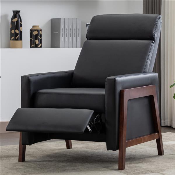 Wood-Framed PU Leather Recliner Chair Adjustable Home Theater Seating with Thick Seat Cushion and Backrest Modern Living Room Recliners, Black