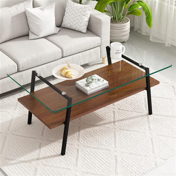 Rectangle Coffee Table, Tempered Glass Tabletop with Black Metal Legs, Modern Table for Living Room , Transparent Glass