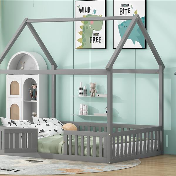 Full Size Wood House Bed with Fence and Door, Gray