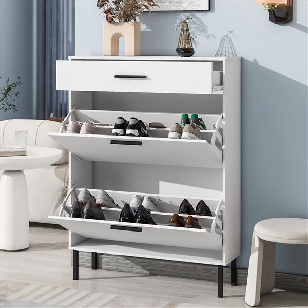 Shoe Cabinet, Freestanding Shoe Rack Storage Organizer with Drawers & Metal Legs, Modern Shoe Storage Cabinet with 2 Flip Drawers for Entryway