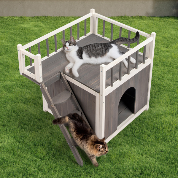 2-Story Wooden Feral Cat House Dog House for Outdoor and Indoor, Pet House with Stairs, Grey & White