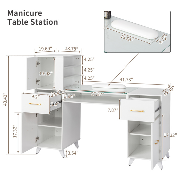 FCH white relief particle board tempered glass 141*50*112cm three doors and two drawers fanless nail table