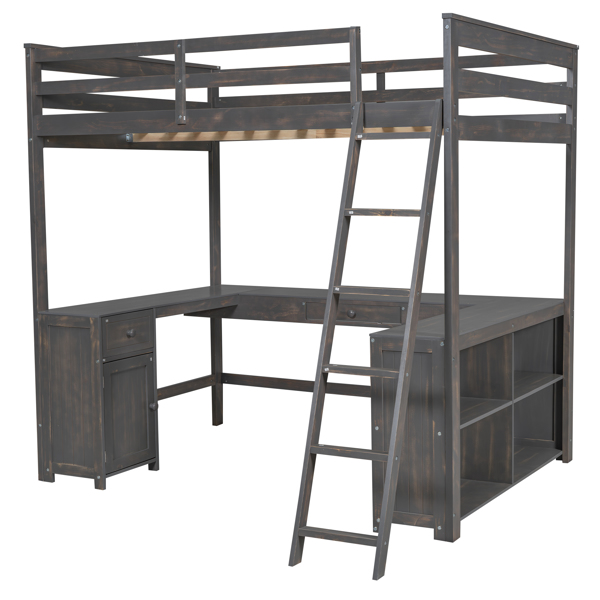 Full Size Loft Bed with U-shaped Desk, Drawers and Storage Shelves, Antique Brown