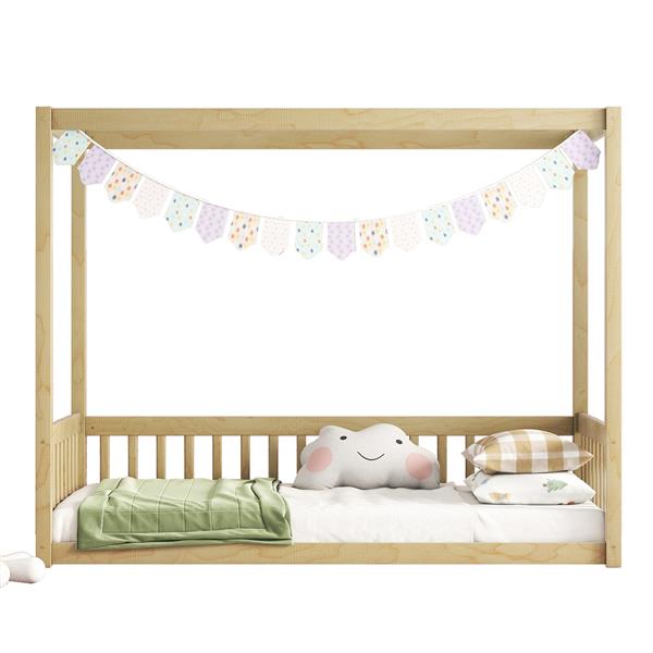 Twin Size Canopy Frame Floor Bed with Fence, Guardrails,Natural