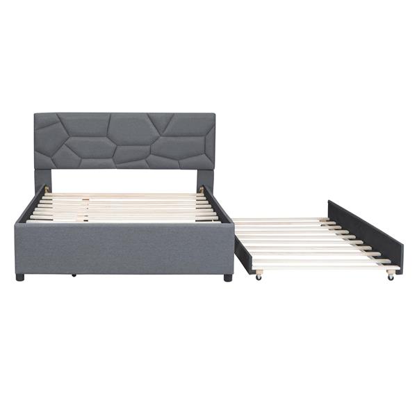 Full Size Upholstered Platform Bed with Brick Pattern Headboard and Twin Size Trundle, Linen Fabric, Gray