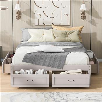 Queen Size Platform Bed with 6 Storage Drawers,Antique White