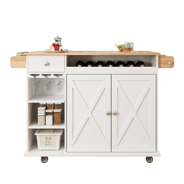 44 Inch Kitchen Island Cart with Solid Wood Top, Wine Storage, Spice Rack, Towel Rack, Wine Glass Holder, Rolling Kitchen Island Table on Wheels, Tool-Free Installation, White & Oak 