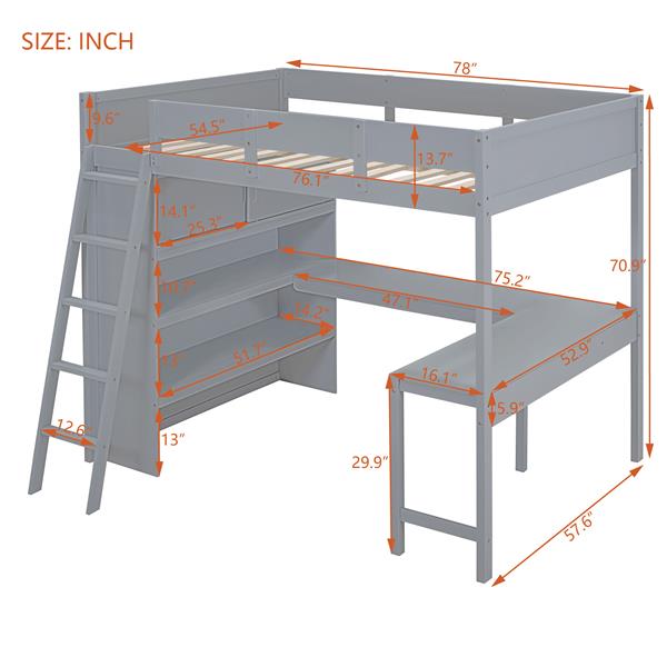 Full Size Loft Bed with Desk and Shelf - Gray