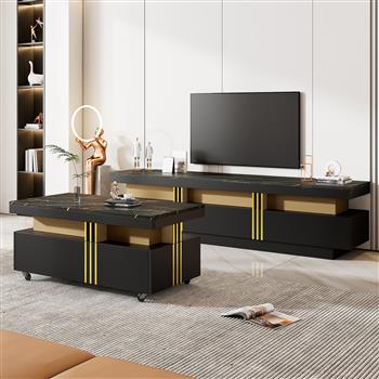 Modern Luxury TV Stand and Coffee Table Set of 2, High Gloss Faux Marble Top, TV Stand for TVs Up to 78\\'\\', Rectangle Coffee Table with Caster Wheels for Living Room, Black