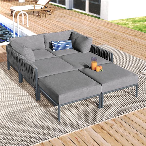 6-Pieces Aluminum Patio Furniture Set, Modern Metal Outdoor Conversation Set Sectional Sofa With Removable Olefin Extra Thick Cushions 5.9" Cushion, Grey