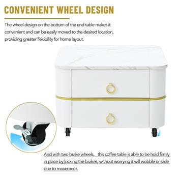 2-in-1 Square Nesting Coffee Table with Wheels & Drawers, Stackable Side Table with High Gloss Marble Grain Top, End Table Set with Brown Tempered Glass for Living Room, White