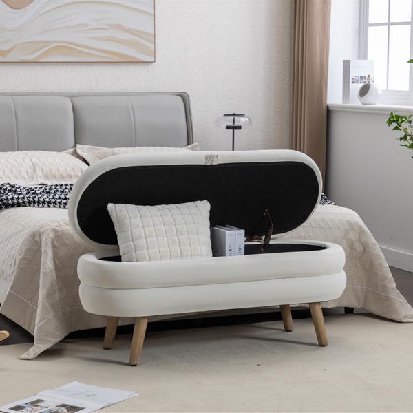 036-Velvet Fabric Storage Bench Bedroom Bench With Wood Legs For Living Room Bedroom Indoor,Ivory