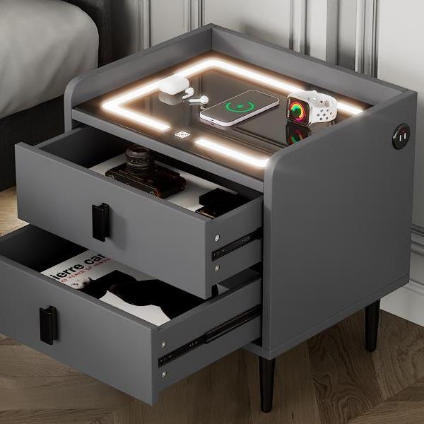 Nightstand with Wireless Charging Station,USB Charging and Adjustable LED Lights, Modern End Table with 2 Drawers for Bedroom,Gray